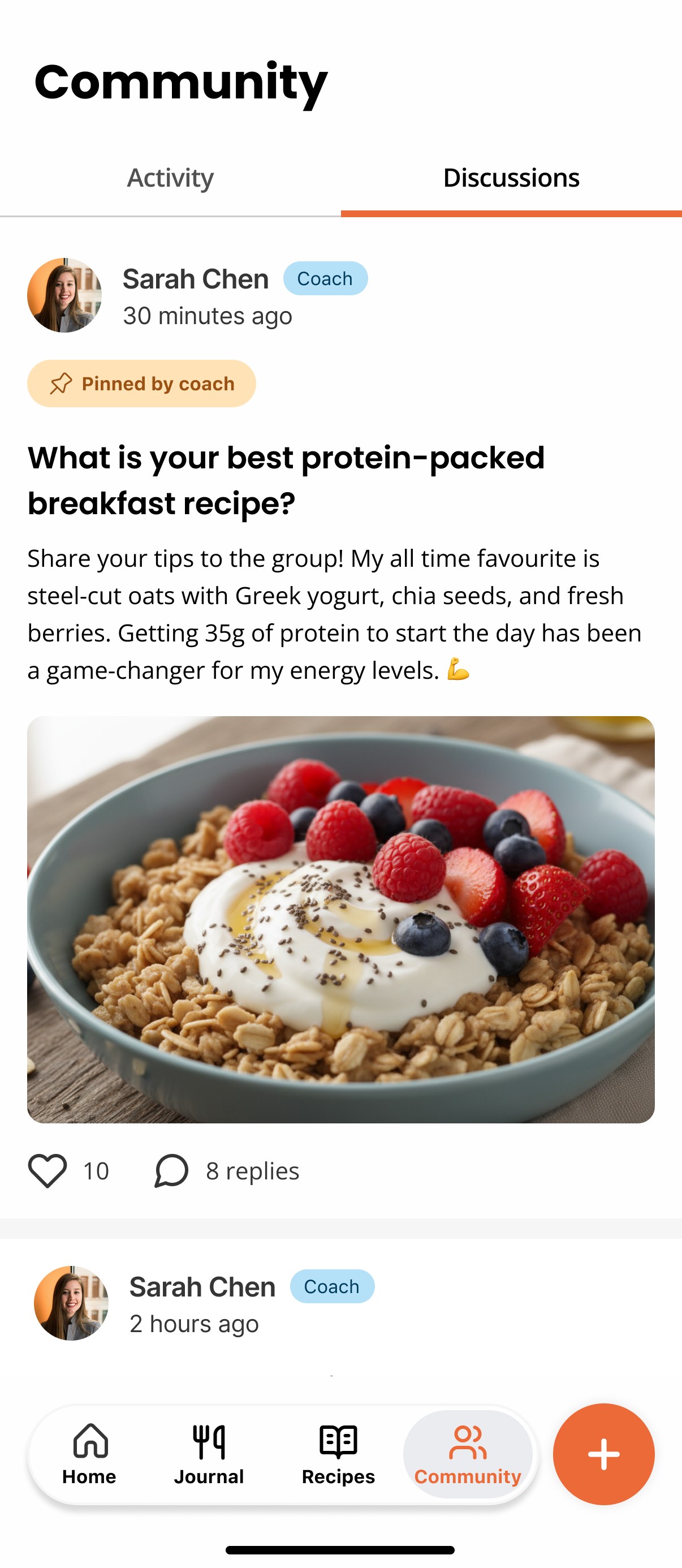 Metabite app Community Discussions screen: a coach's pinned post asking for protein-packed breakfast recipes, with a photo of oats, yogurt and berries