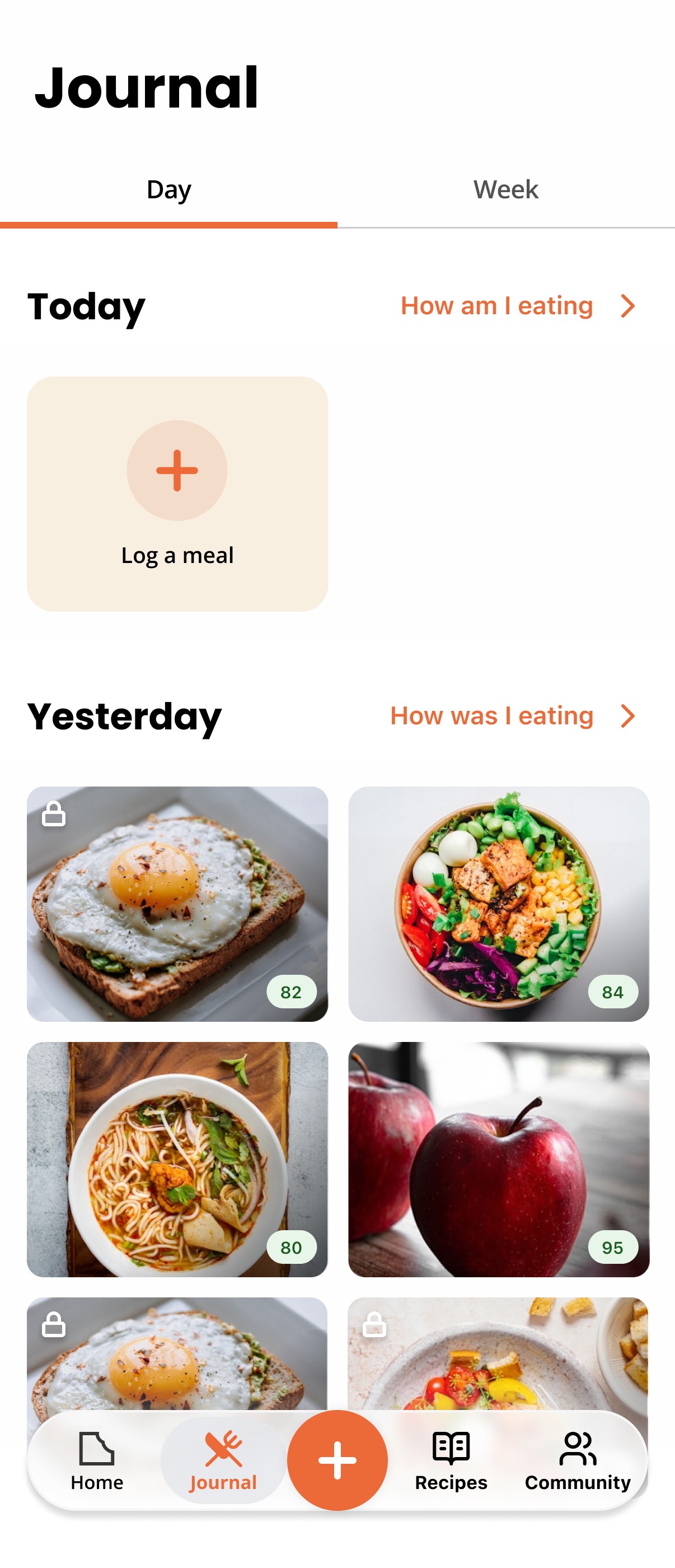 Metabite app journal: a Log a meal button for today and yesterday's meal photos, each with a score