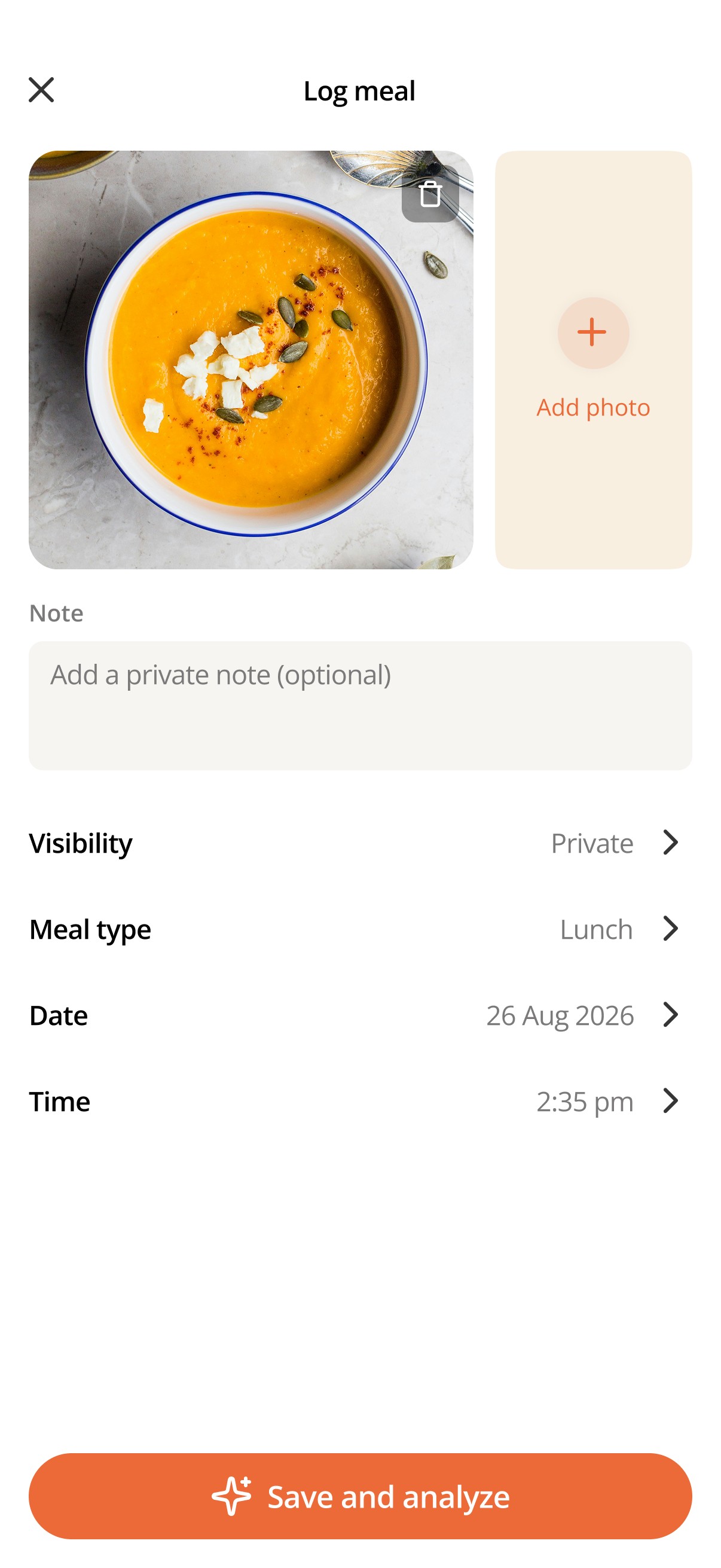 Metabite app Log meal screen: a photo of soup, a private note, visibility, meal type Lunch, date and time, and a Save and analyze button